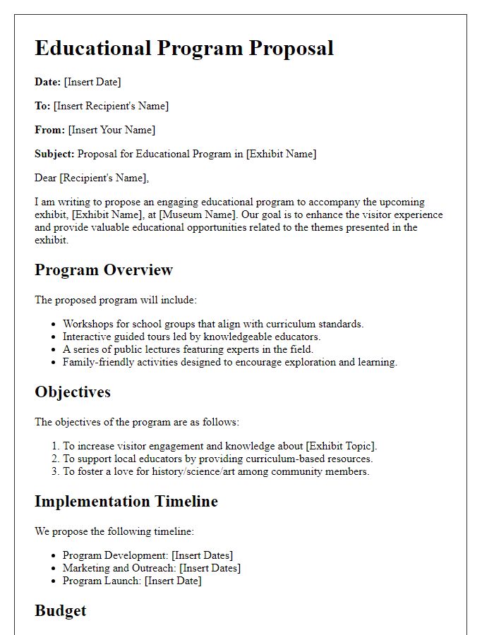 Letter template of educational program proposal for museum exhibit