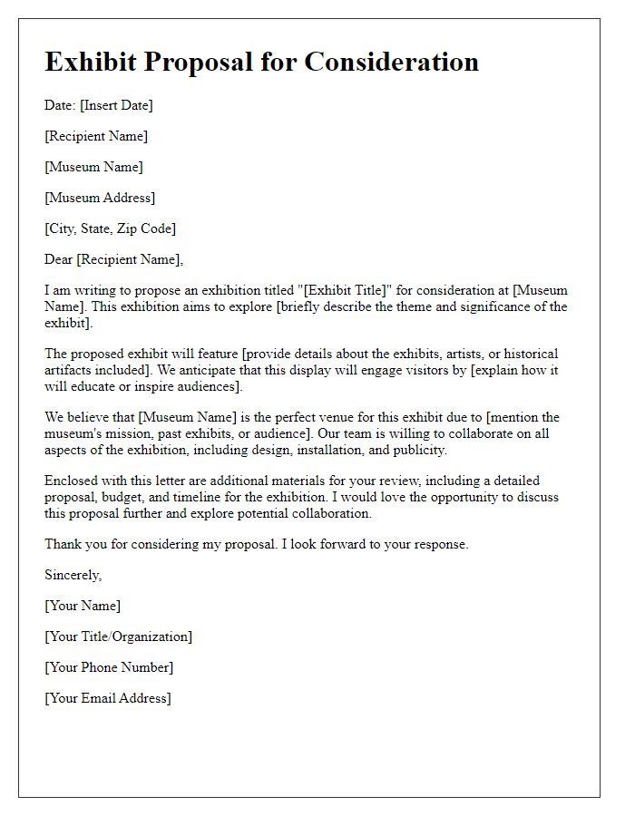 Letter template of exhibit proposal for museum consideration