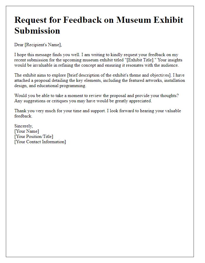 Letter template of feedback request for museum exhibit submission