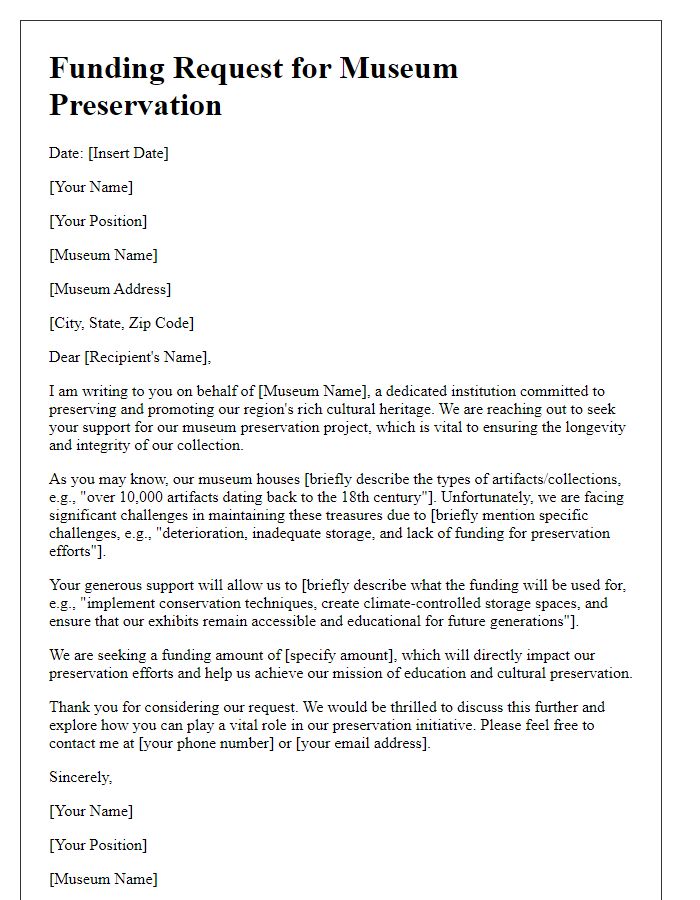 Letter template of funding request for museum preservation