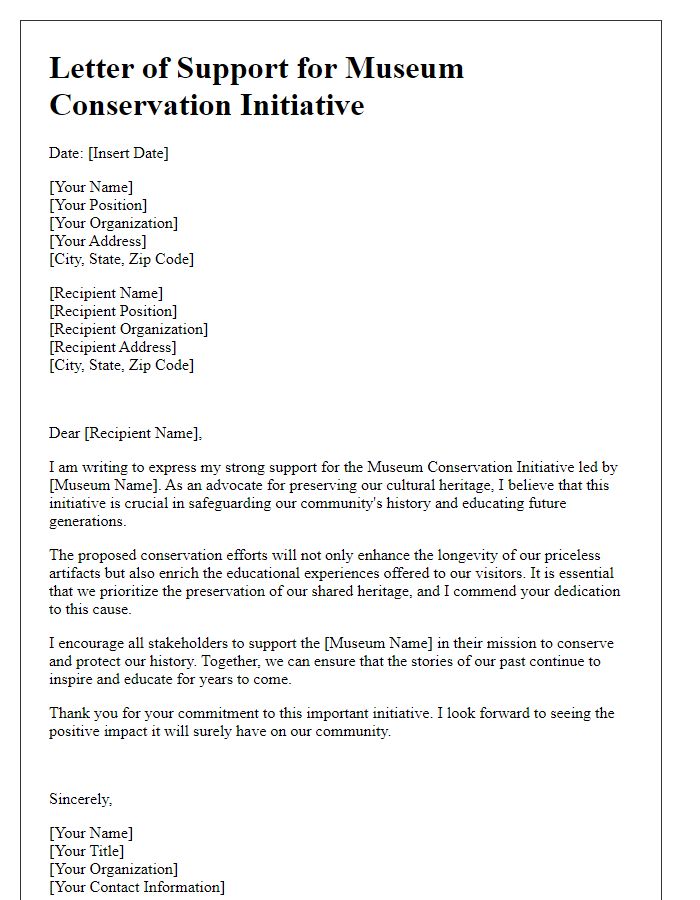 Letter template of support for museum conservation initiative