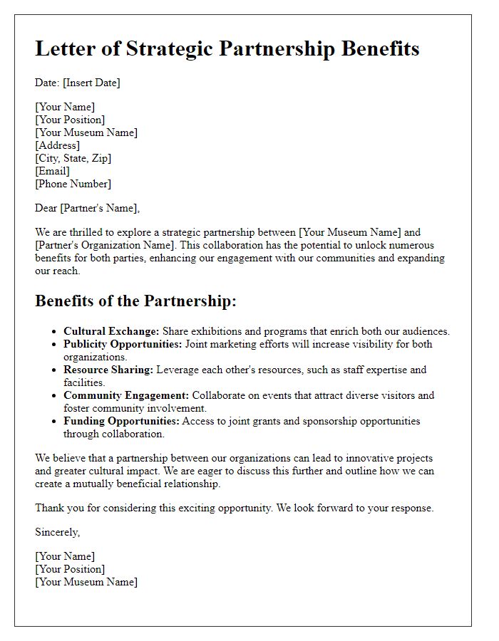 Letter template of strategic partnership benefits for museums