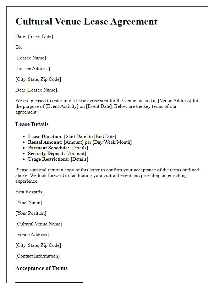 Letter template of cultural venue lease arrangement