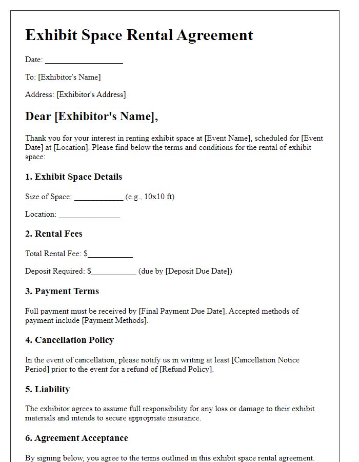 Letter template of exhibit space rental terms