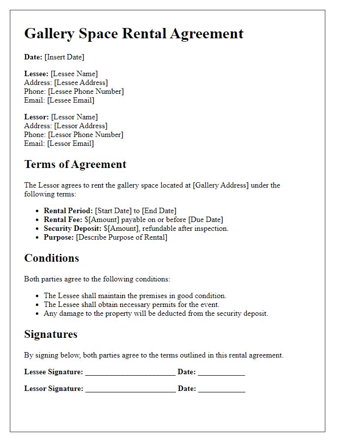 Letter template of gallery space rental agreement