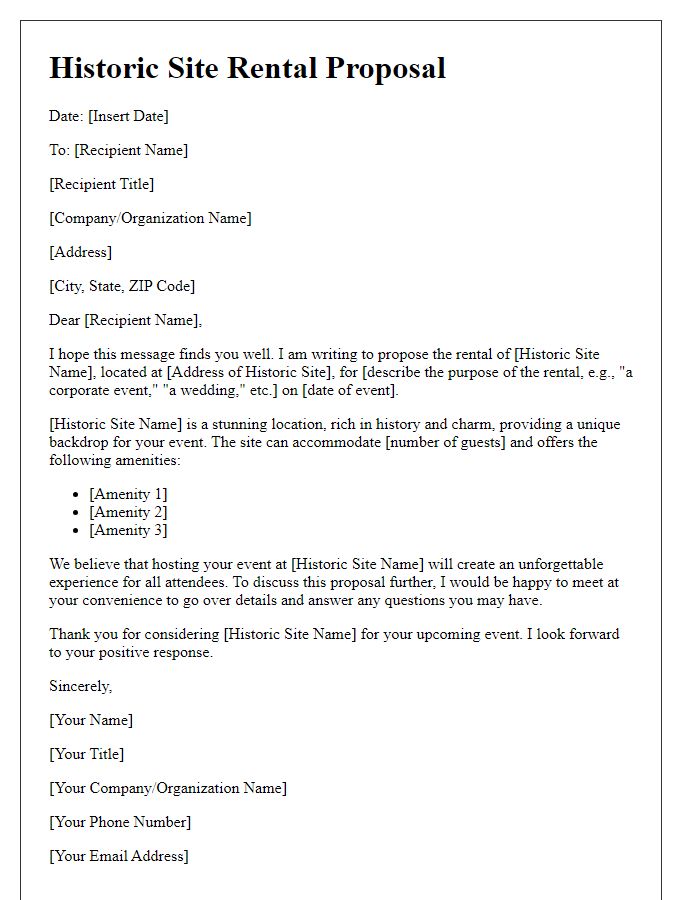 Letter template of historic site rental proposal