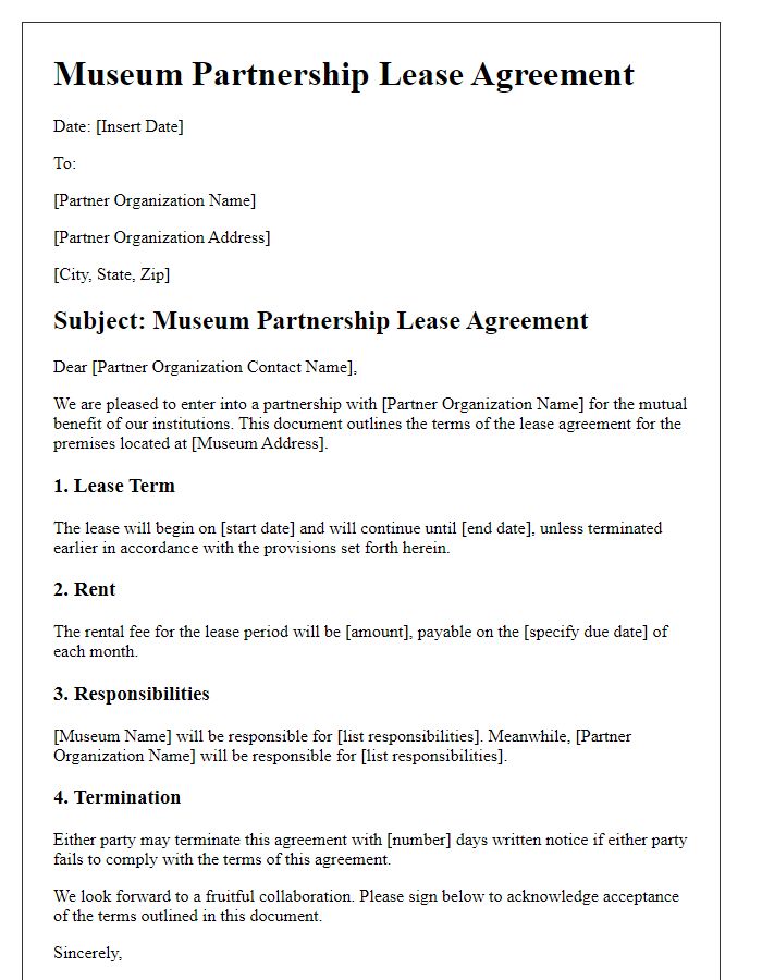 Letter template of museum partnership lease document