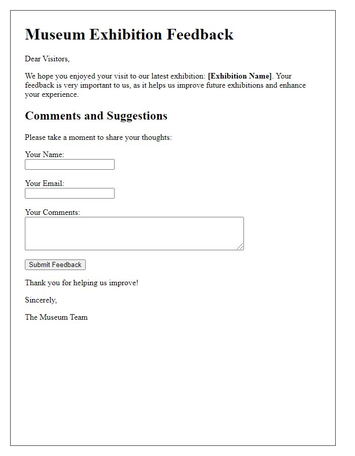 Letter template of museum exhibition comments collection