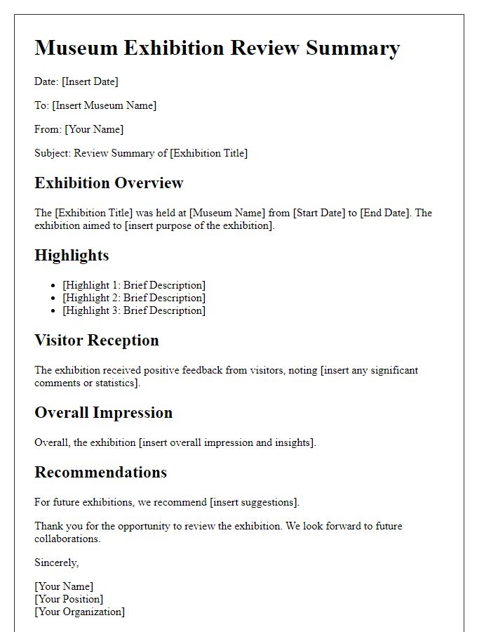 Letter template of museum exhibition review summary