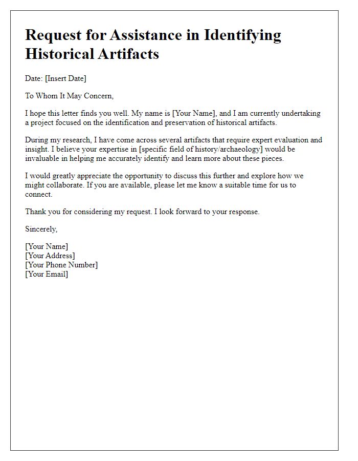 Letter template of assistance needed for identifying historical artifacts