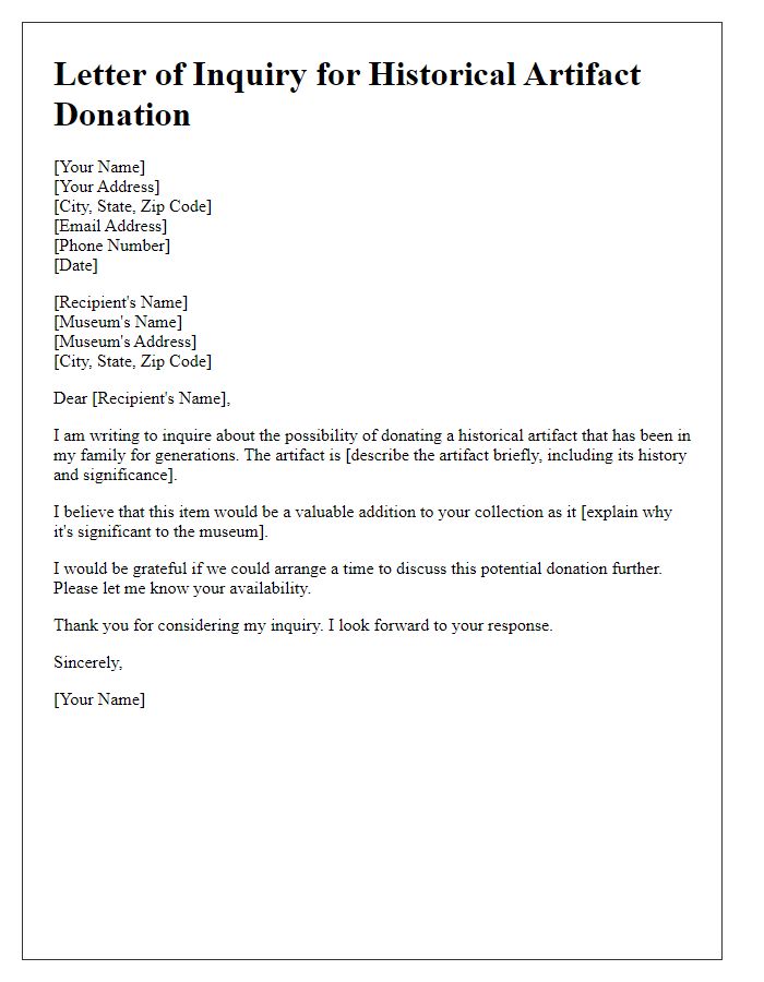 Letter template of inquiry for historical artifact donation to the museum