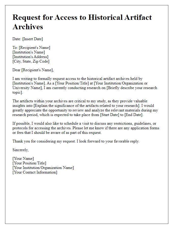 Letter template of request for access to historical artifact archives