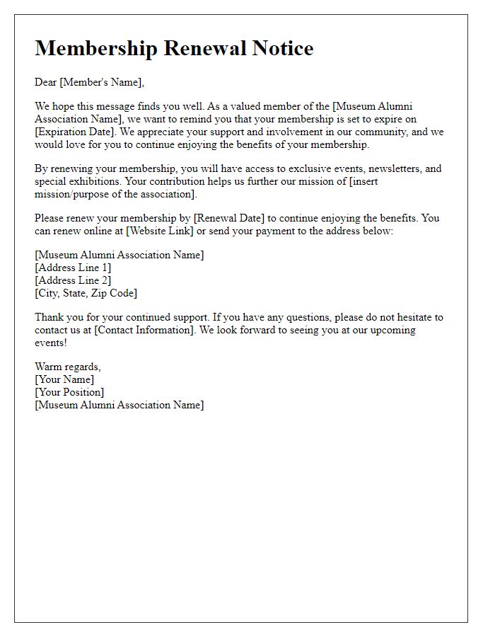 Letter template of membership renewal for museum alumni association