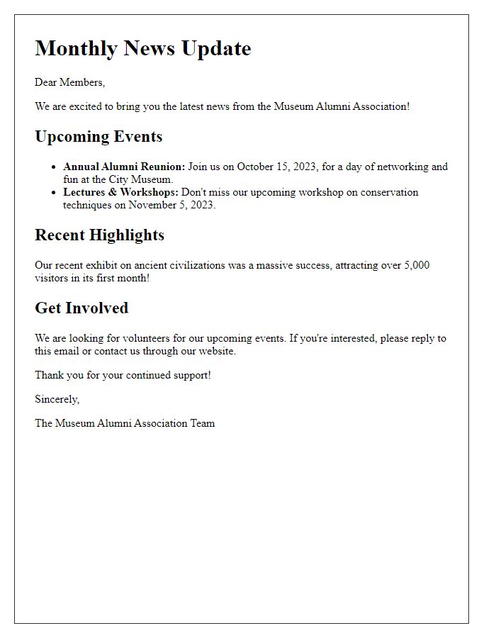 Letter template of news update for museum alumni association members