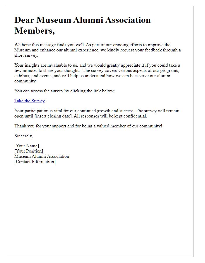 Letter template of survey request for museum alumni association feedback