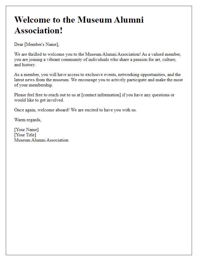 Letter template of welcome message for new museum alumni association members