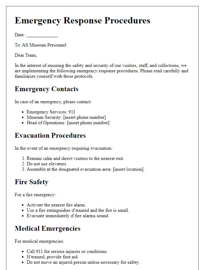 Letter template of emergency response procedures for museum personnel