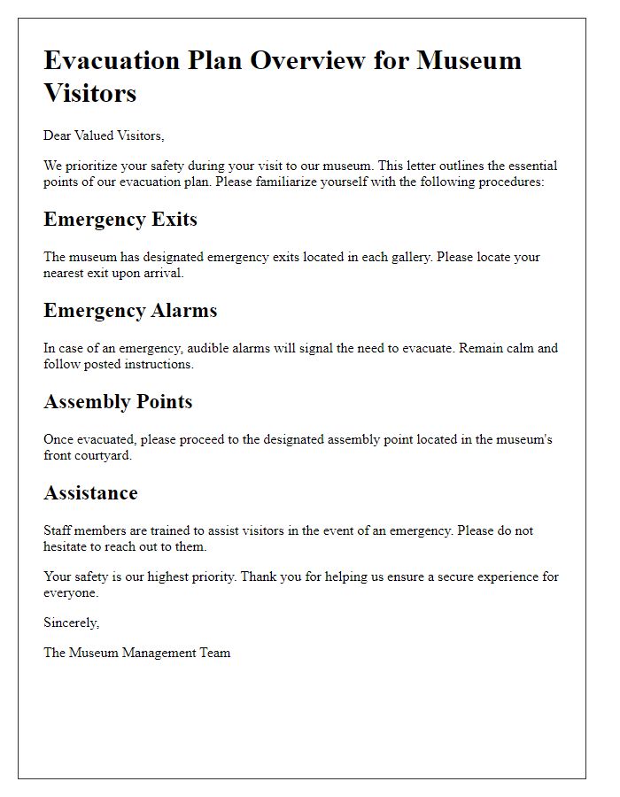 Letter template of evacuation plan overview for museum visitors