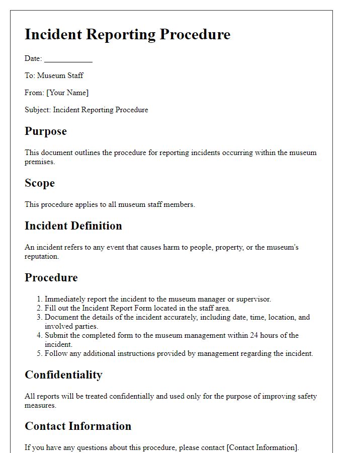 Letter template of incident reporting procedure for museum staff