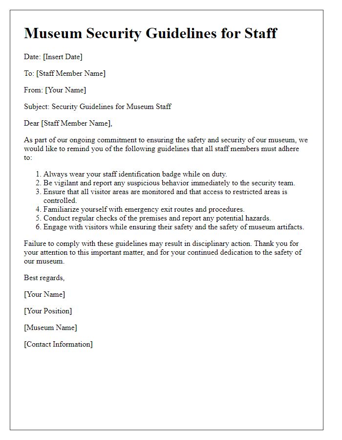 Letter template of museum security guidelines for staff