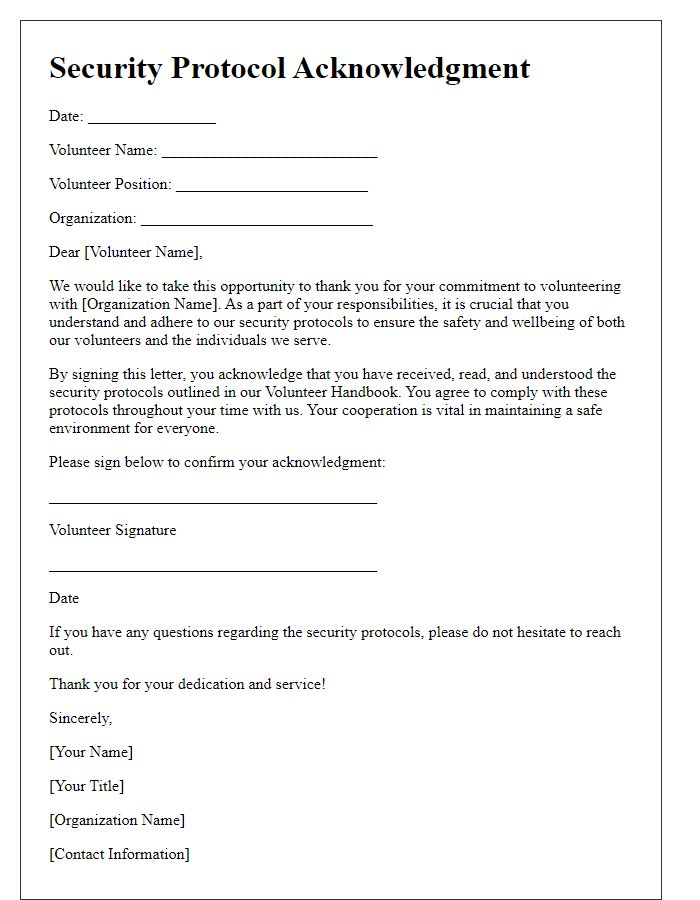 Letter template of security protocol acknowledgment for volunteers