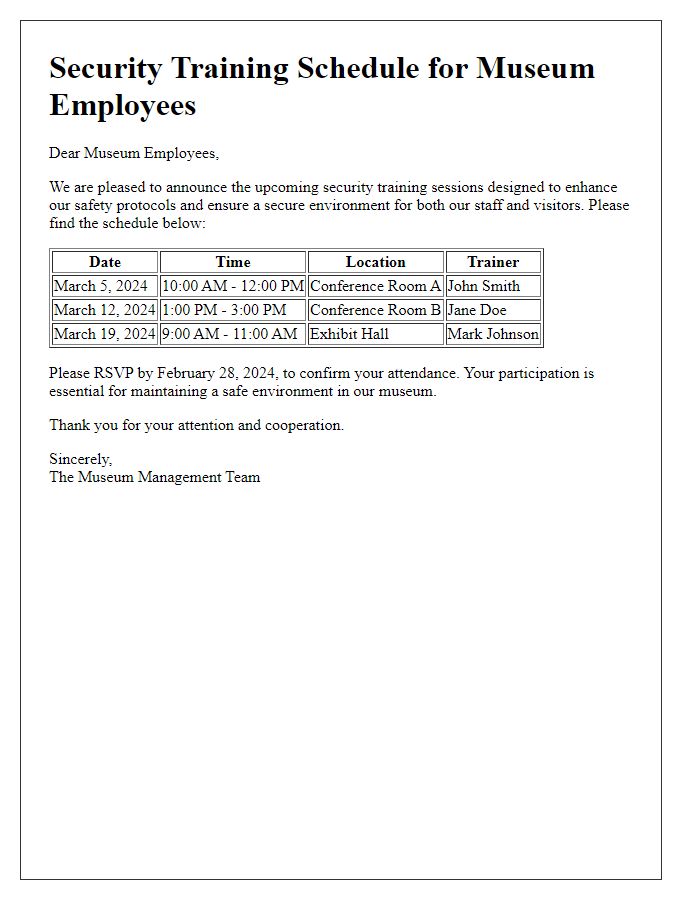 Letter template of security training schedule for museum employees