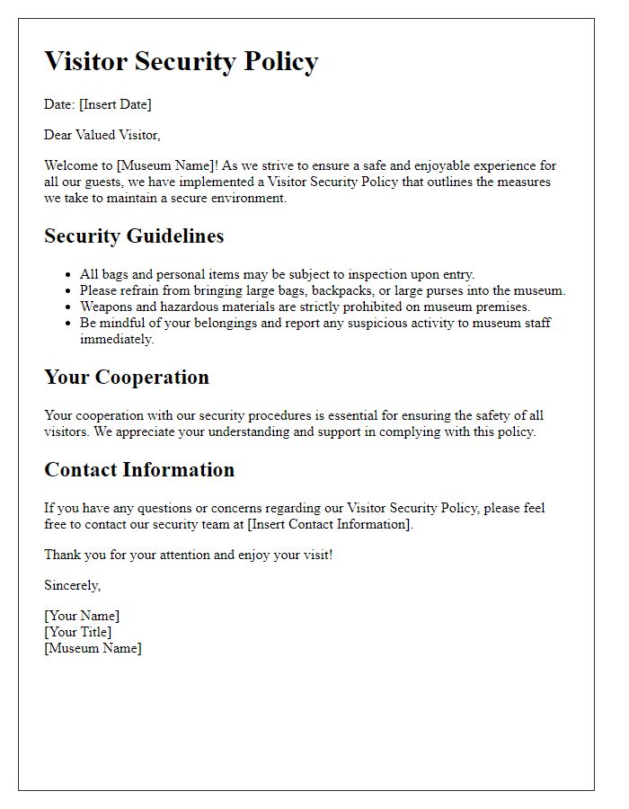 Letter template of visitor security policy for museum visitors