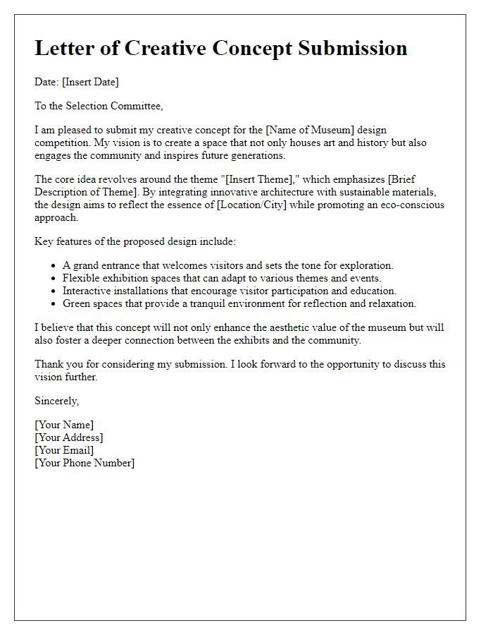 Letter template of creative concept for museum design competition