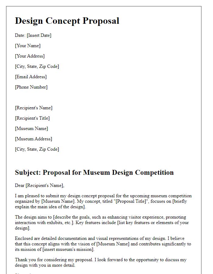 Letter template of design concept proposal for museum competition