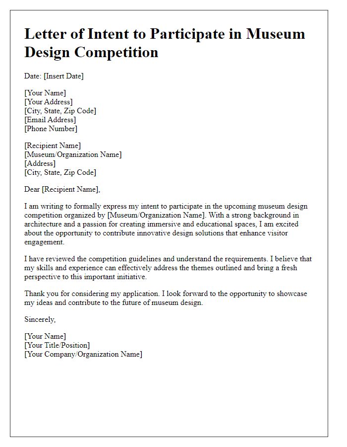 Letter template of intent to participate in museum design competition