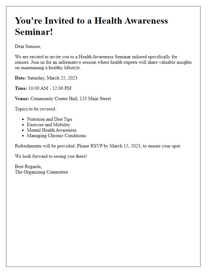 Letter template of health awareness seminar invitation for seniors' groups