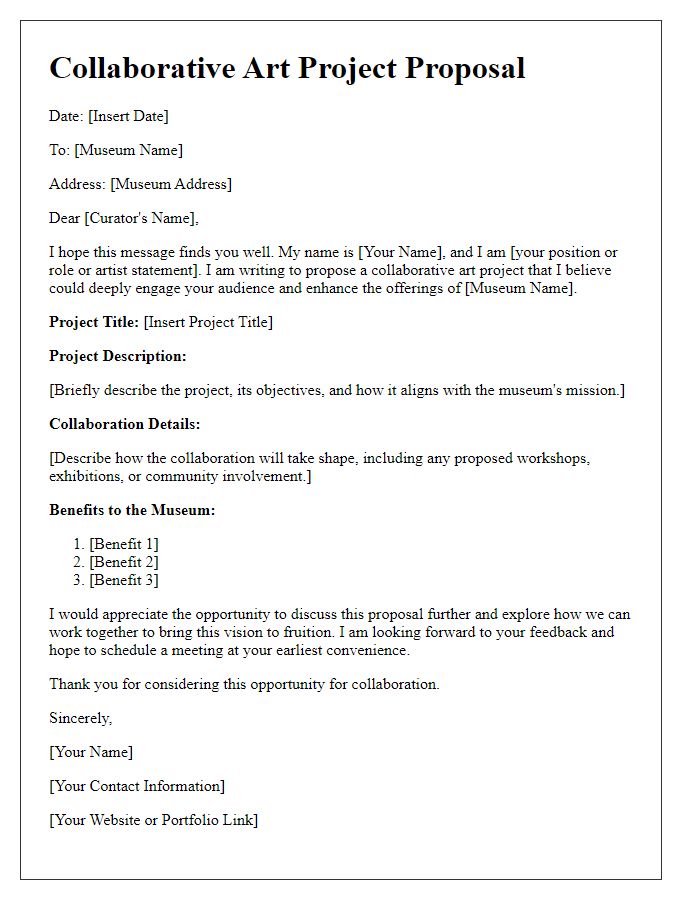 Letter template of a collaborative art project proposal for museums