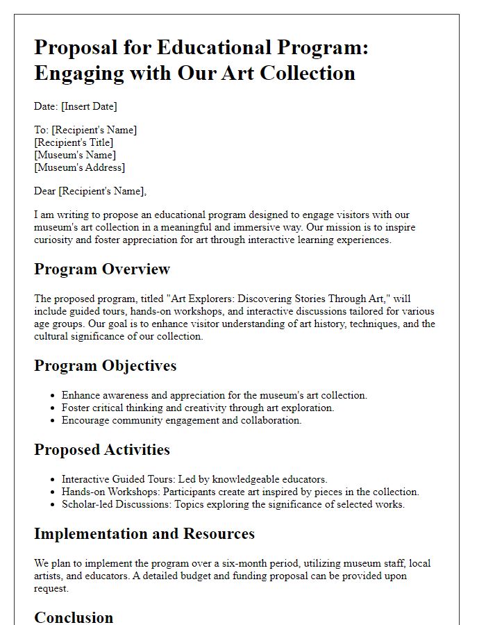 Letter template of an educational program proposal for a museum's art collection