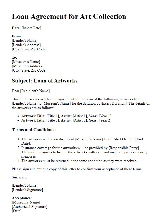 Letter template of a loan agreement for a museum art collection