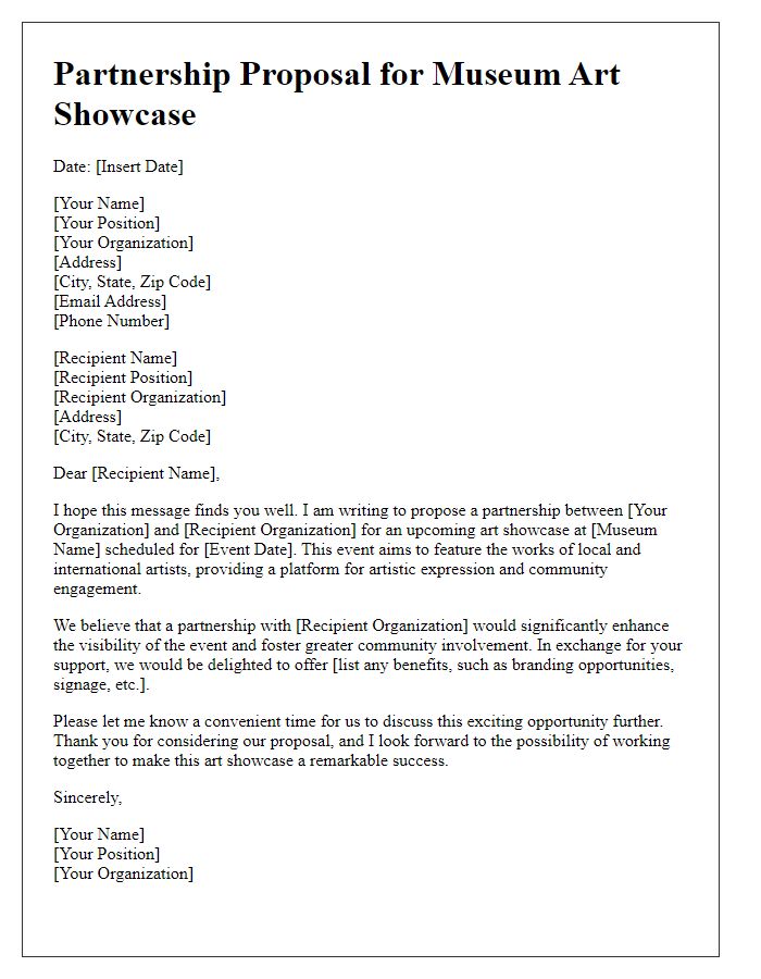 Letter template of a partnership proposal for a museum art showcase