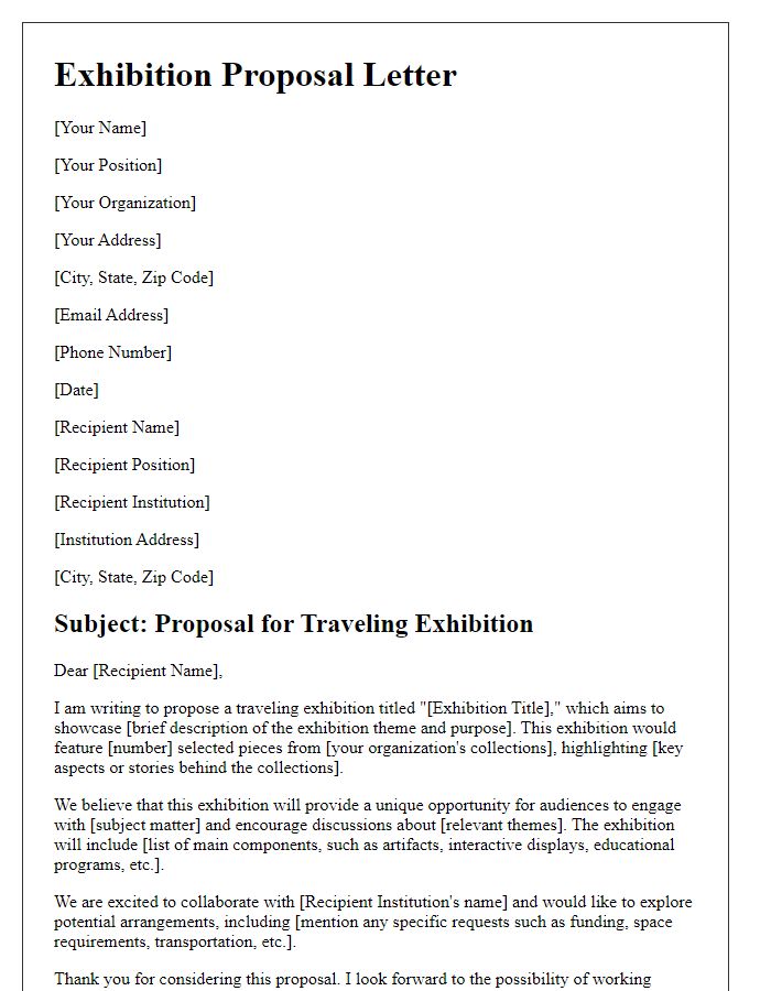 Letter template of a traveling exhibition proposal for museum collections