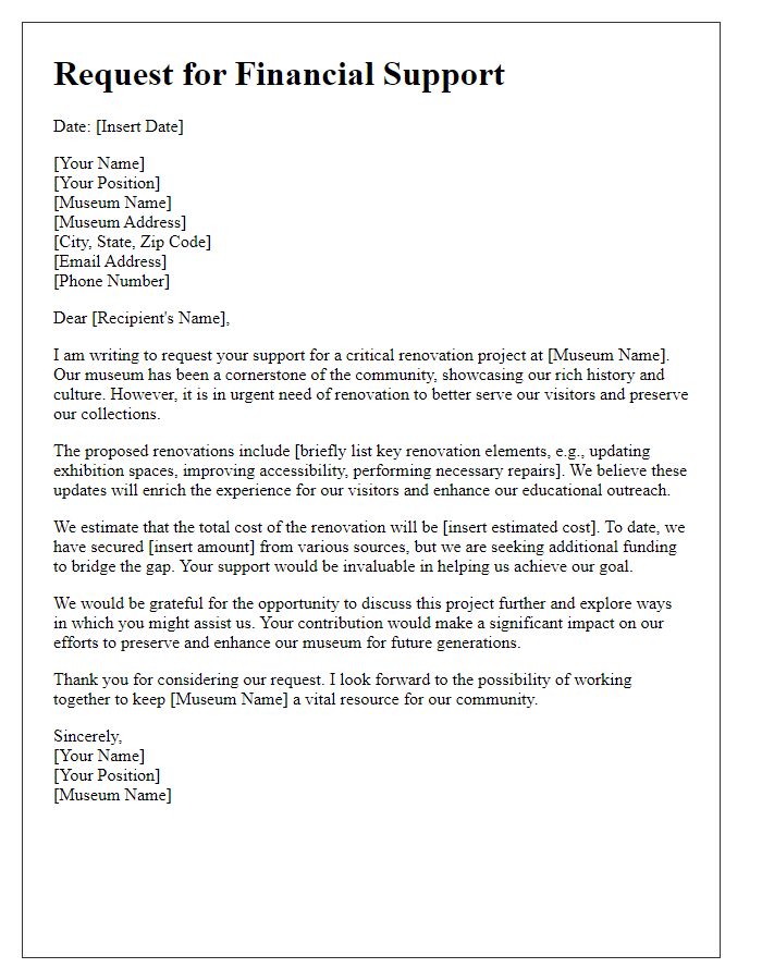 Letter template of financial support request for museum renovation