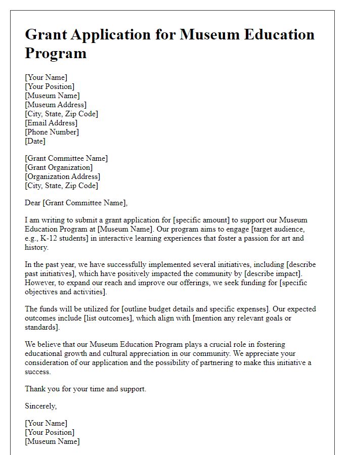 Letter template of grant application for museum education program