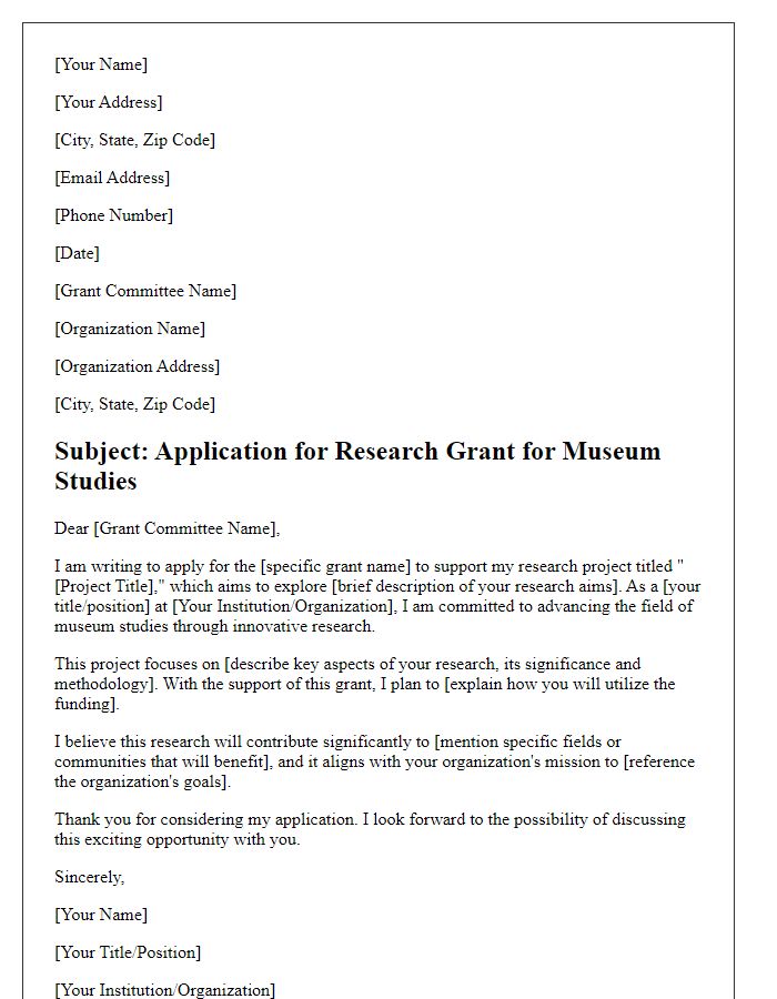 Letter template of research grant application for museum studies