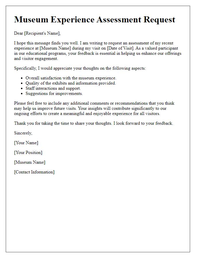 Letter template of museum experience assessment request