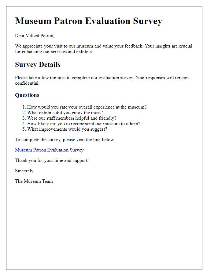 Letter template of museum patron evaluation survey