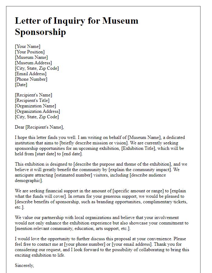 Letter template of museum sponsorship inquiry for grant applications