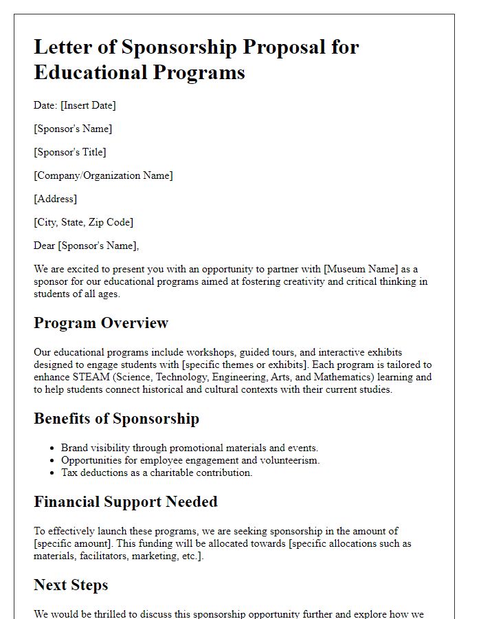 Letter template of museum sponsorship outline for educational programs