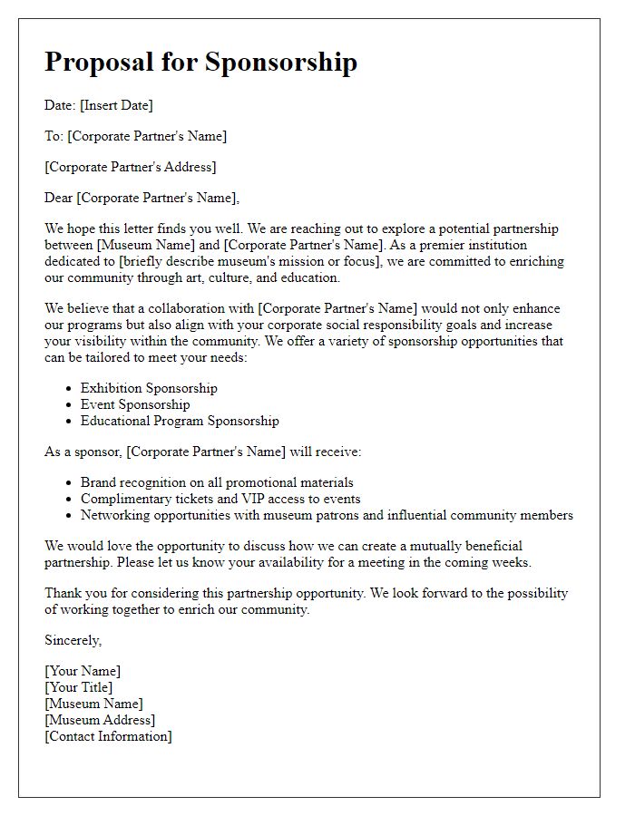 Letter template of museum sponsorship proposal for corporate partners