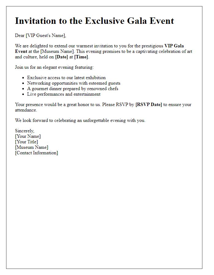 Letter template of museum invitation for VIP gala event.