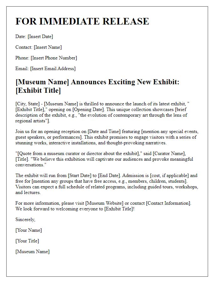 Letter template of museum press release for new exhibit launch.