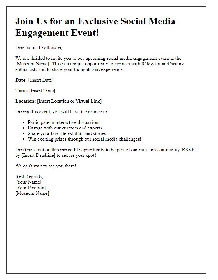 Letter template of museum social media engagement invitation for followers.