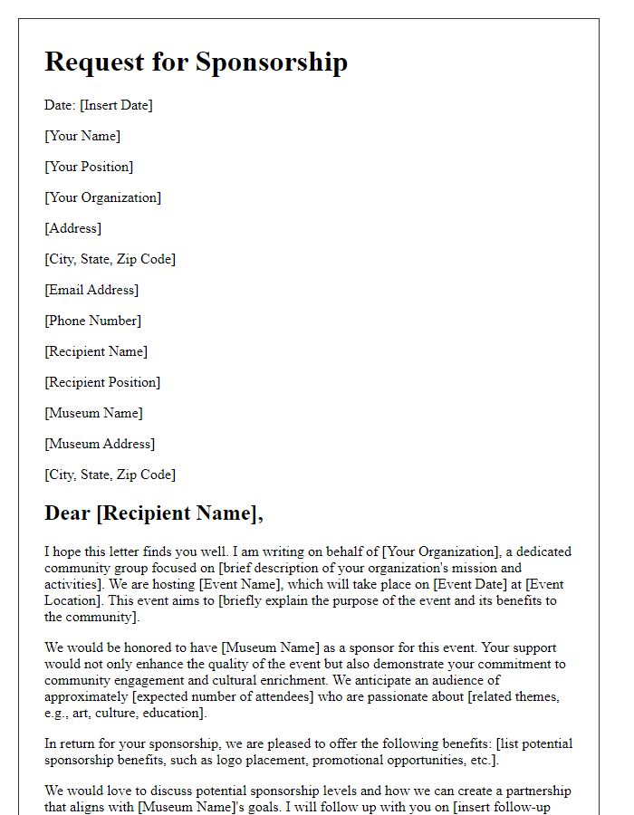 Letter template of museum sponsorship request for community events.