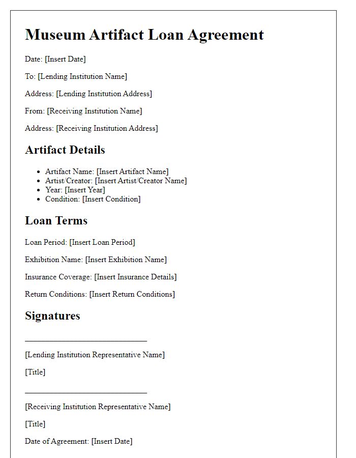 Letter template of museum artifact loan agreement