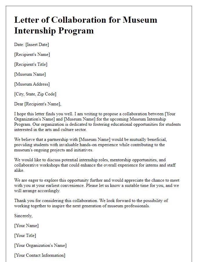 Letter template of museum internship program collaboration